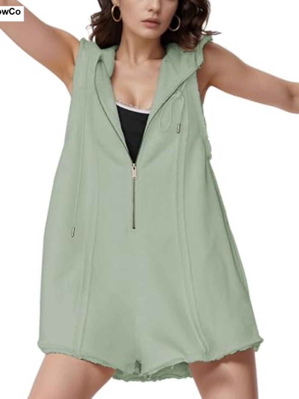 Women's Hooded Half Zip Overalls Romper Sleeveless Sweatshirt Jumpsuit with